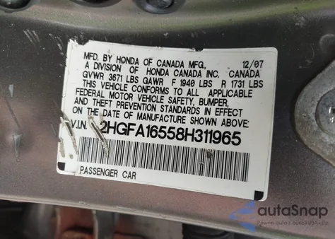 2008 Honda Civic Lx z USA, uszkodzony, nr VIN 2HGFA16558H311965